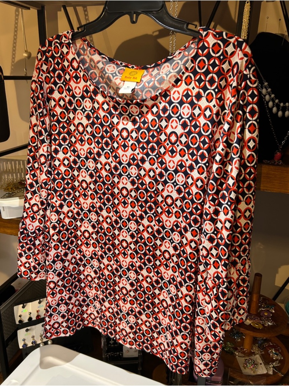 Ruby Rd   Red and Black Geometric 3/4 Sleeve Top